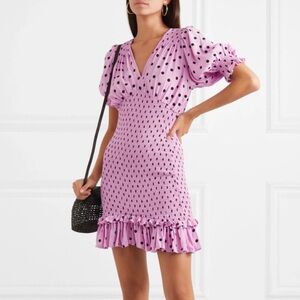 Faithfull Pink Polka Dot Smocked Mini Dress Puff Sleeve Romantic Coquette Size 6